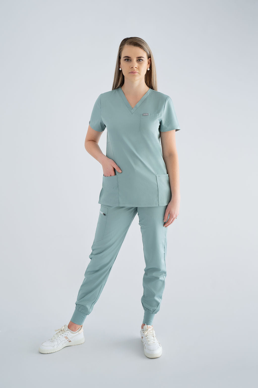 Ocean Mist Ella Three-Pocket Scrub Top and Eva Jogger Set