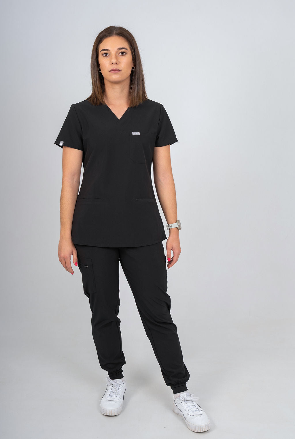 Black Amara Three-Pocket Scrub Top and Lara Jogger Set