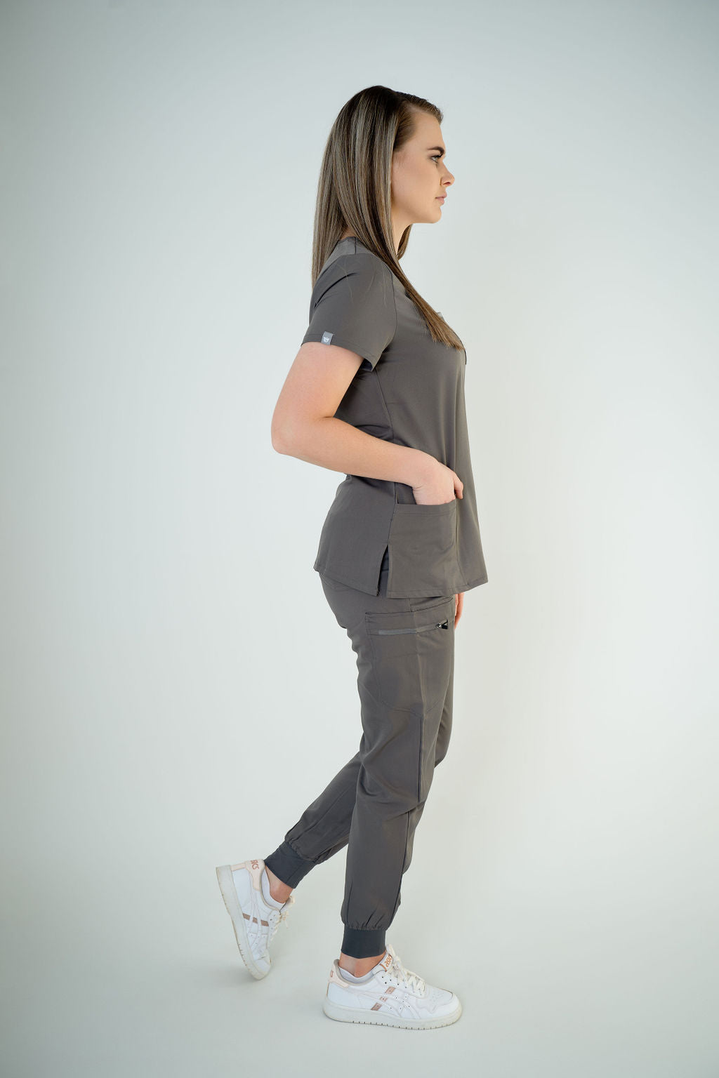 Carbon Ella Three-Pocket Scrub Top and Eva Jogger Set