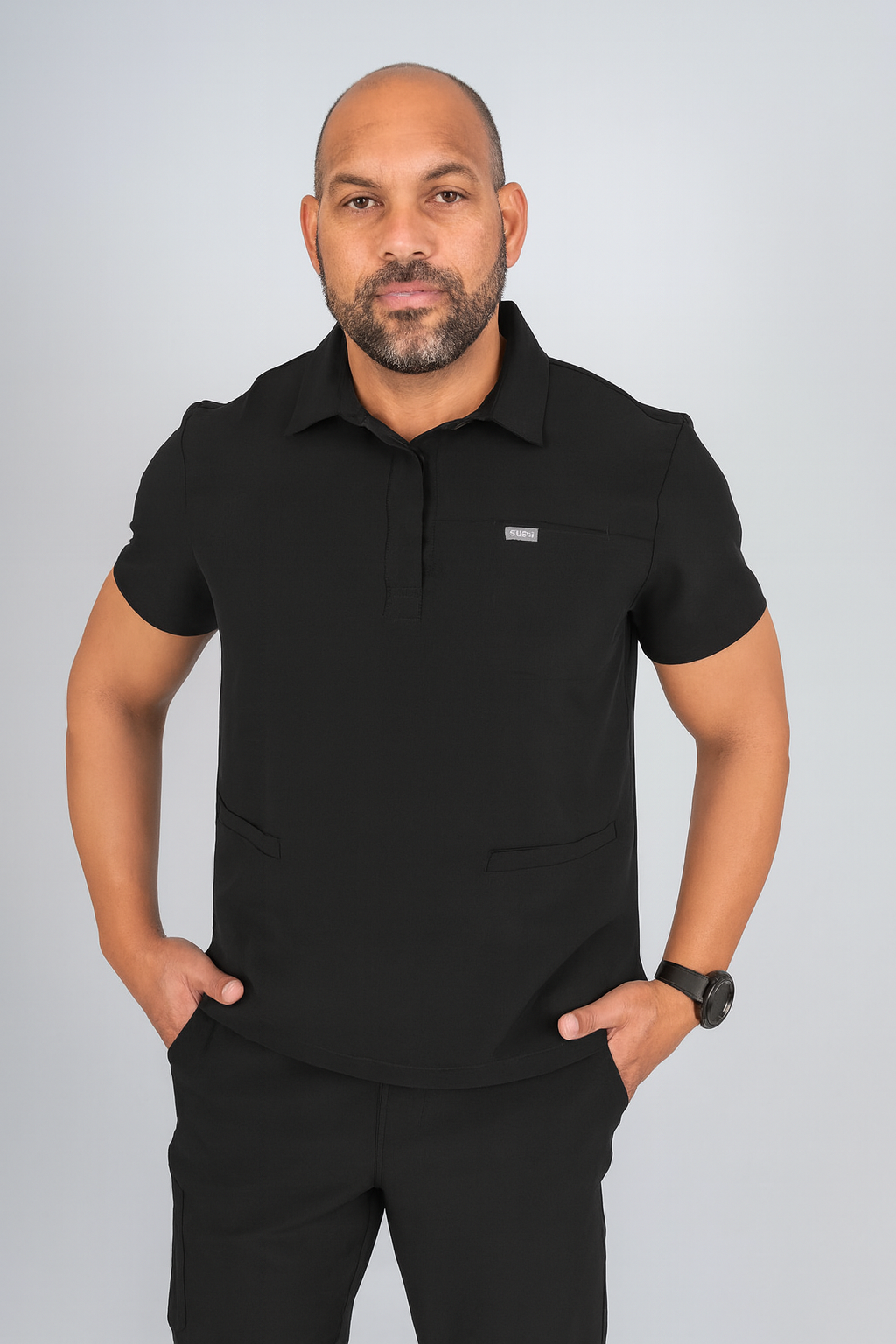 Black Matteo Three-Pocket Scrub Top and Neo Jogger Set
