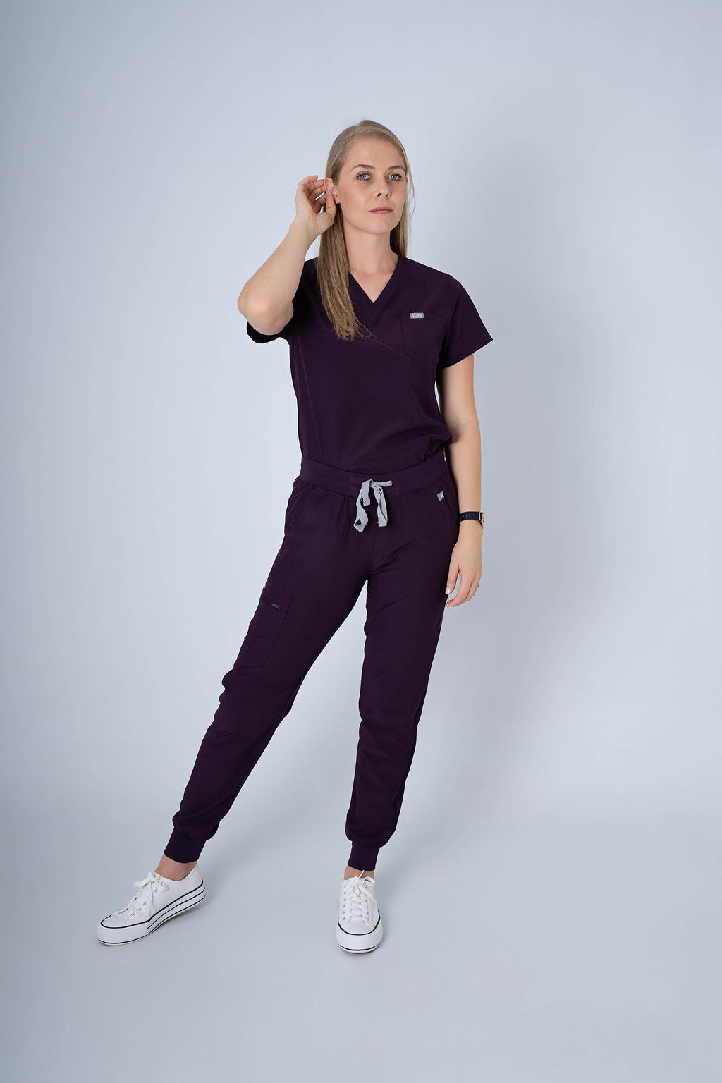Aubergine Ella Three-Pocket Scrub Top and Eva Jogger Set