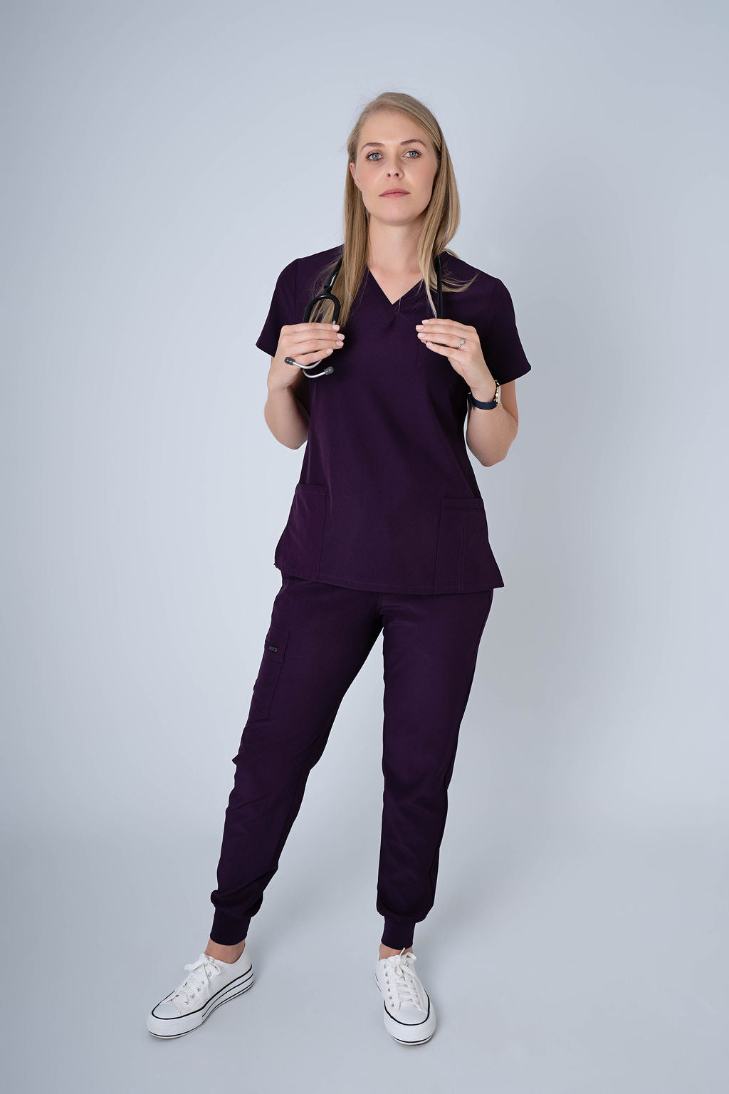 Aubergine Ella Three-Pocket Scrub Top and Eva Jogger Set