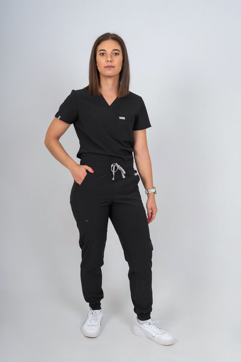 Black Amara Three-Pocket Scrub Top and Lara Jogger Set
