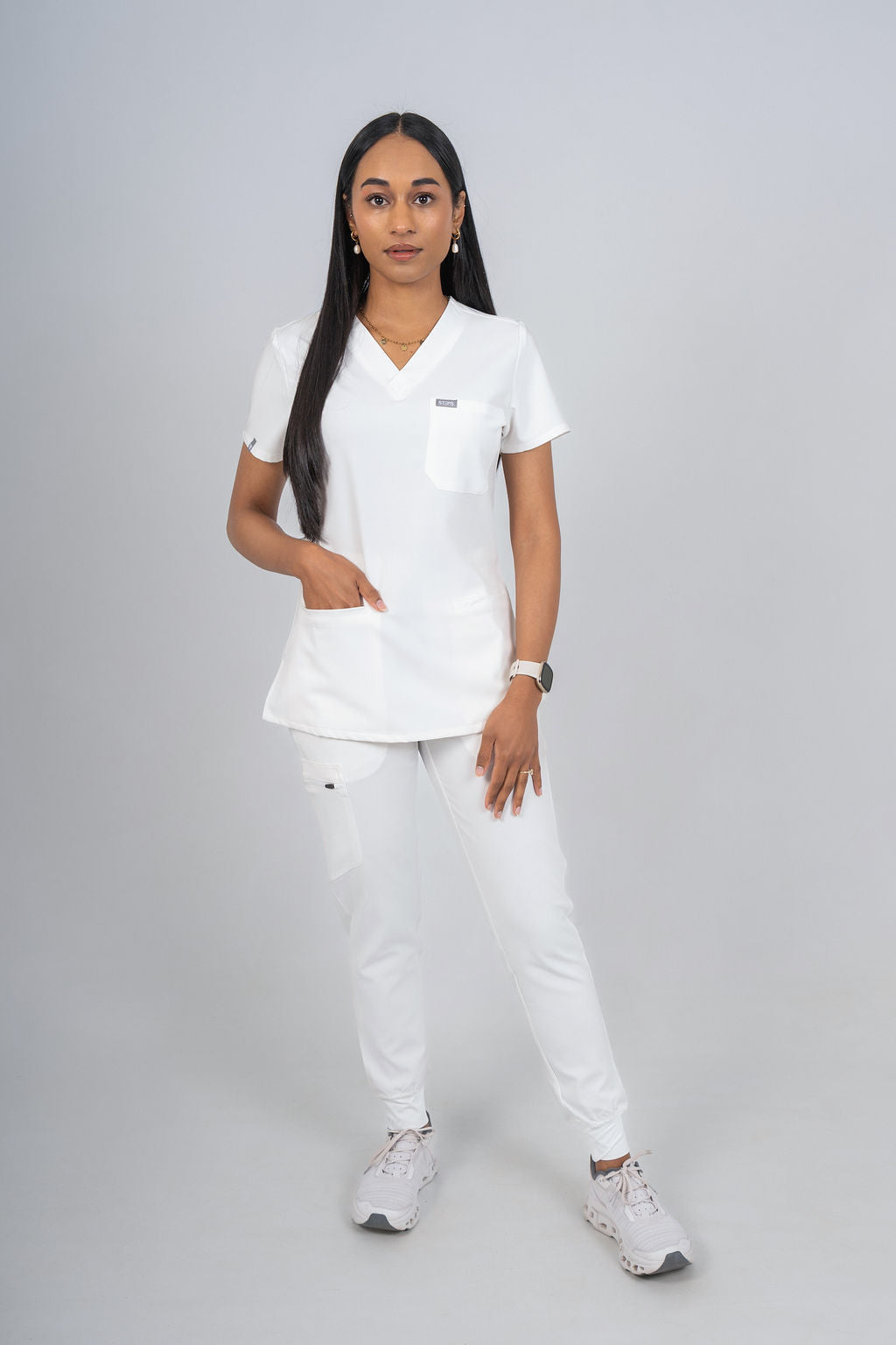 Arctic White Amara Three-Pocket Scrub Top and Lara Jogger Set