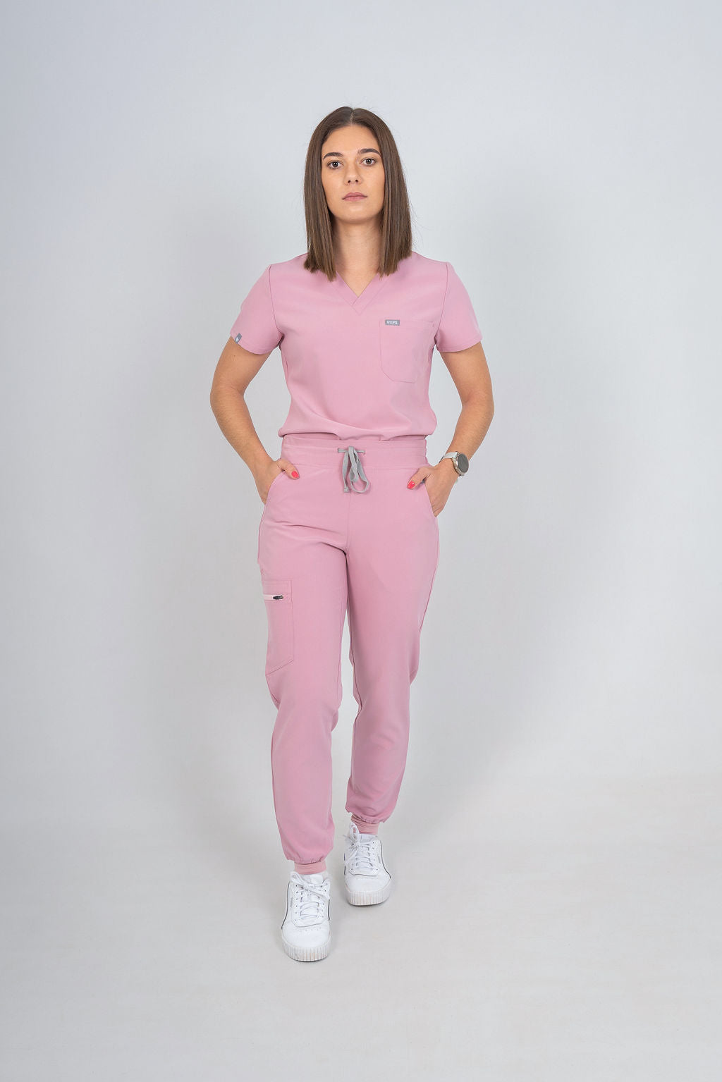 Pastel Pink Amara Three-Pocket Scrub Top and Lara Jogger Set