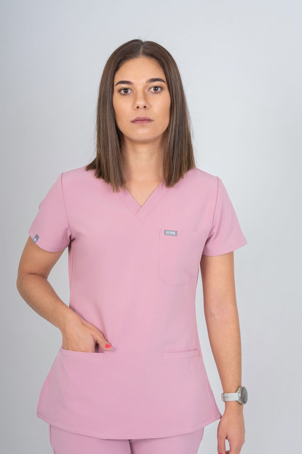 Pastel Pink Amara Three-Pocket Scrub Top and Lara Jogger Set