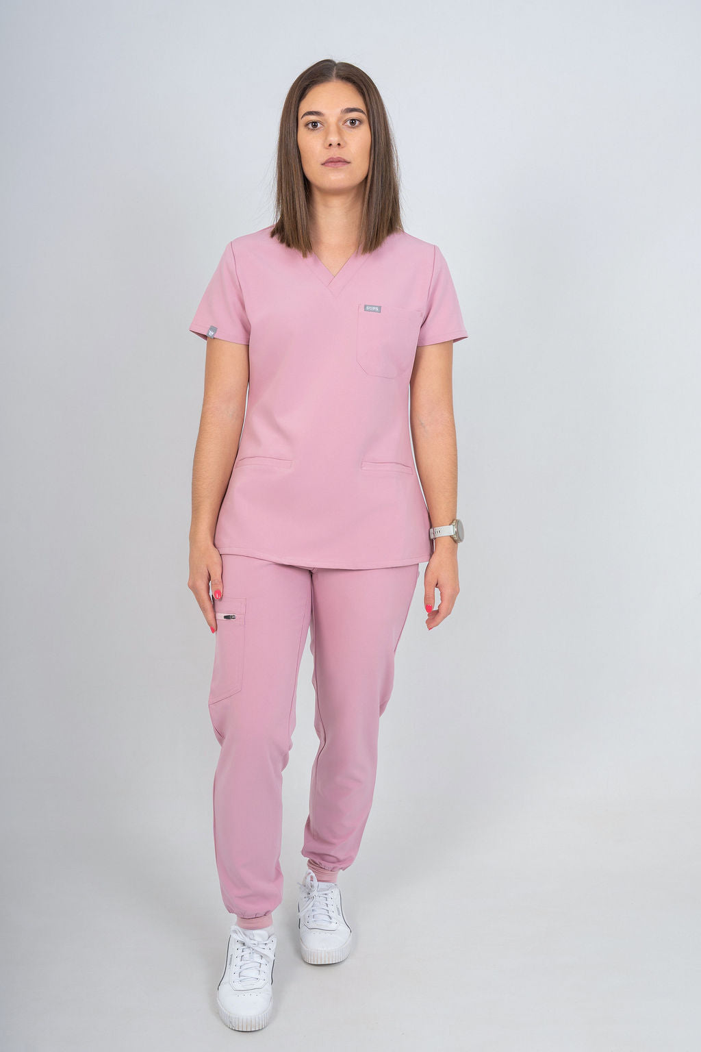 Pastel Pink Amara Three-Pocket Scrub Top and Lara Jogger Set