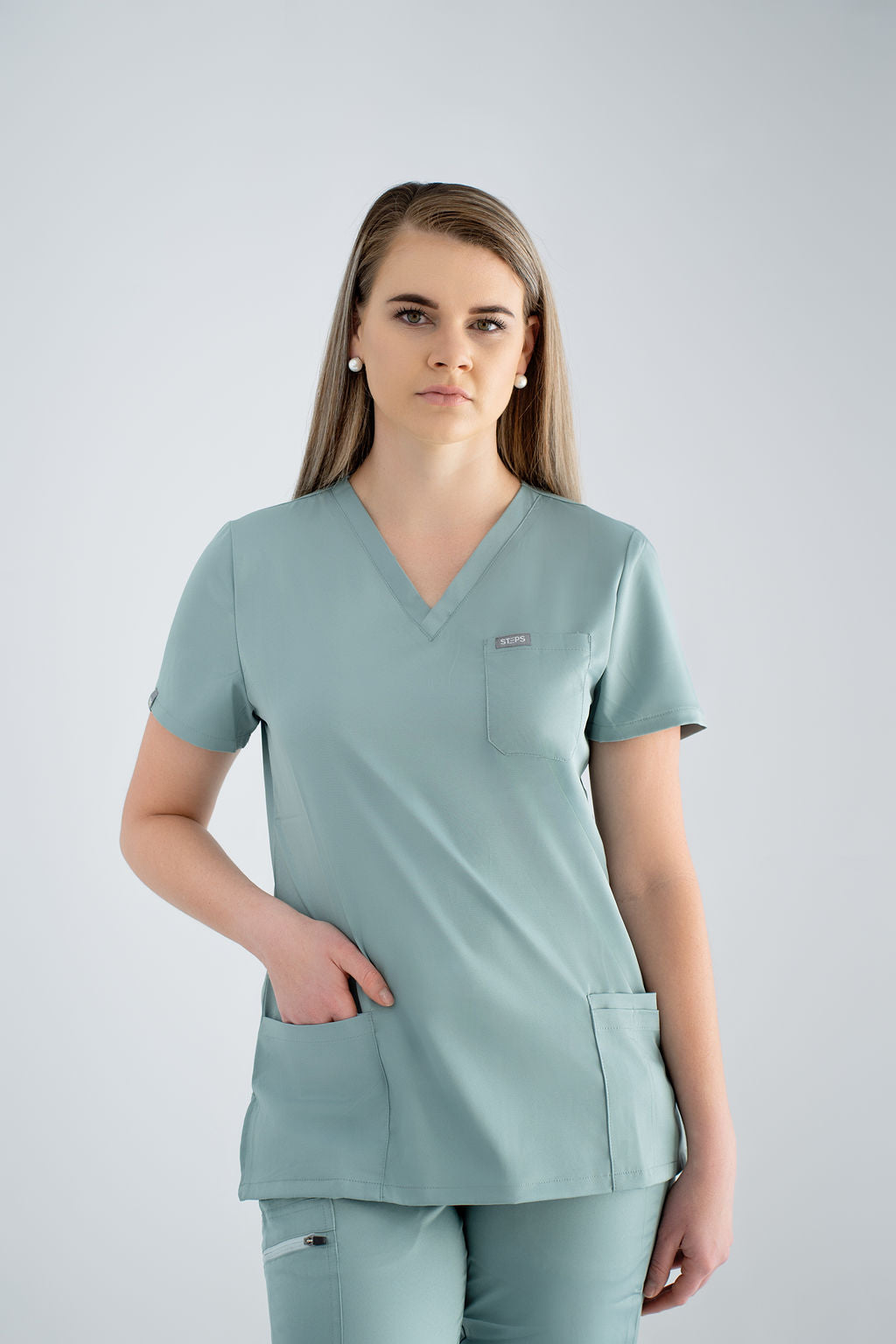 Ocean Mist Ella Three-Pocket Scrub Top and Eva Jogger Set