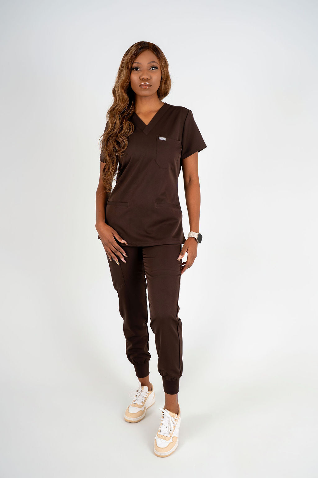 Amara Three-Pocket Scrub Top and Lara Jogger Set - Espresso