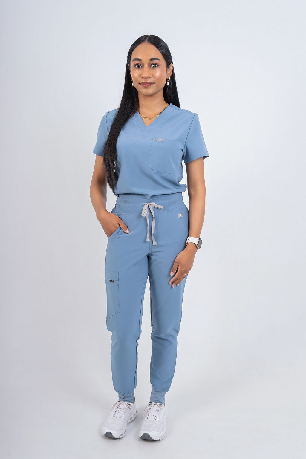 Steel Blue Amara Three-Pocket Scrub Top and Lara Jogger Set