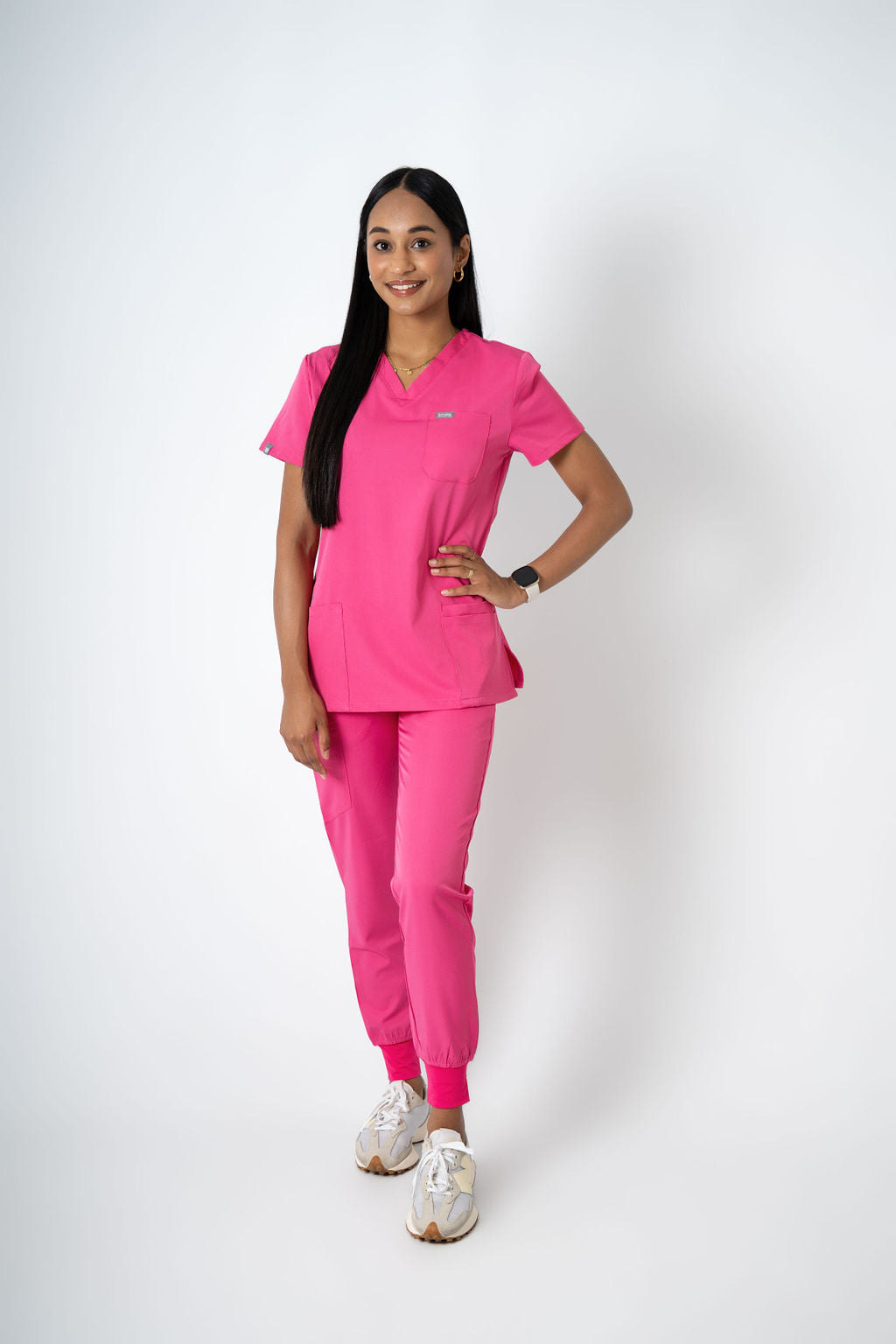Fuschia EARTHx Ella Three-Pocket Scrub Top and Eva Jogger Set