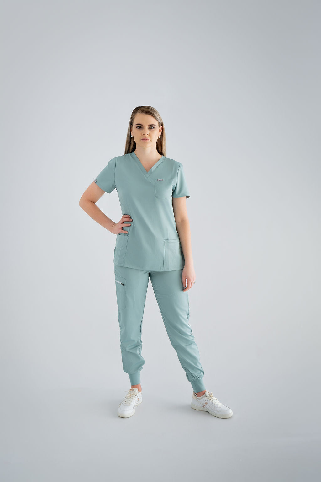 Ocean Mist Ella Three-Pocket Scrub Top and Eva Jogger Set