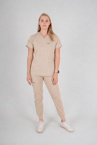 Amara Three-Pocket Scrub Top and Lara Jogger Set - Latte