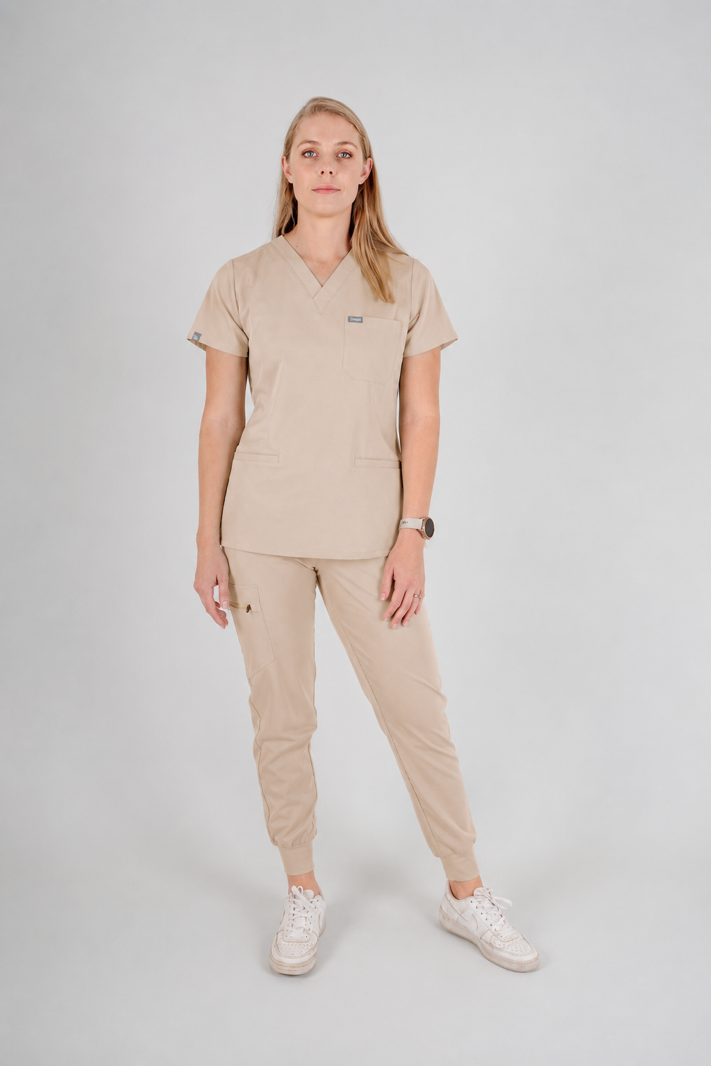 Amara Three-Pocket Scrub Top and Lara Jogger Set - Latte
