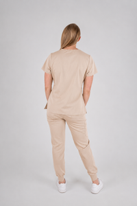 Amara Three-Pocket Scrub Top and Lara Jogger Set - Latte