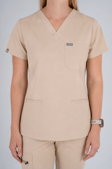 Amara Three-Pocket Scrub Top and Lara Jogger Set - Latte